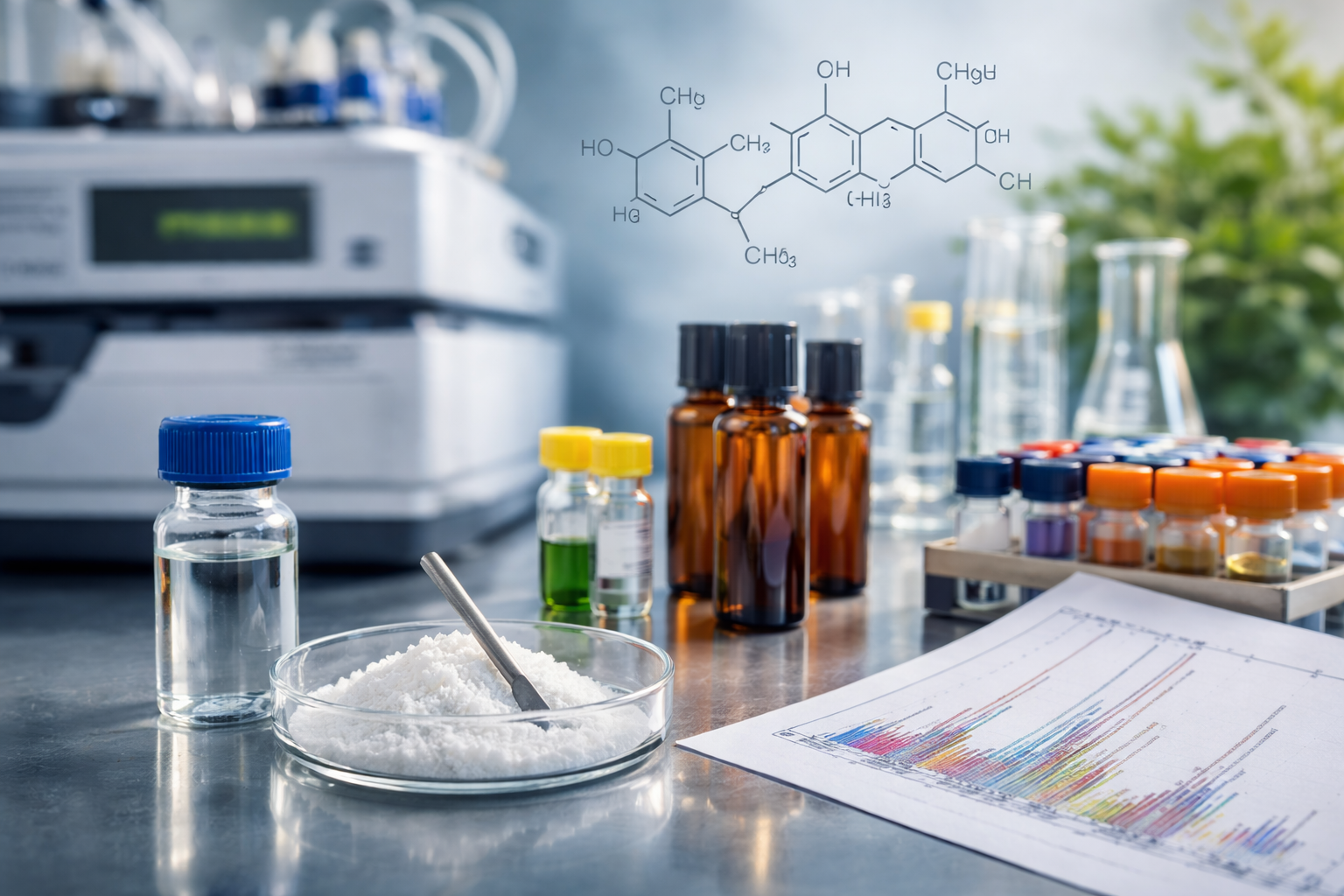 Analytical workstation with reference solutions, molecular model, and instrument performance display