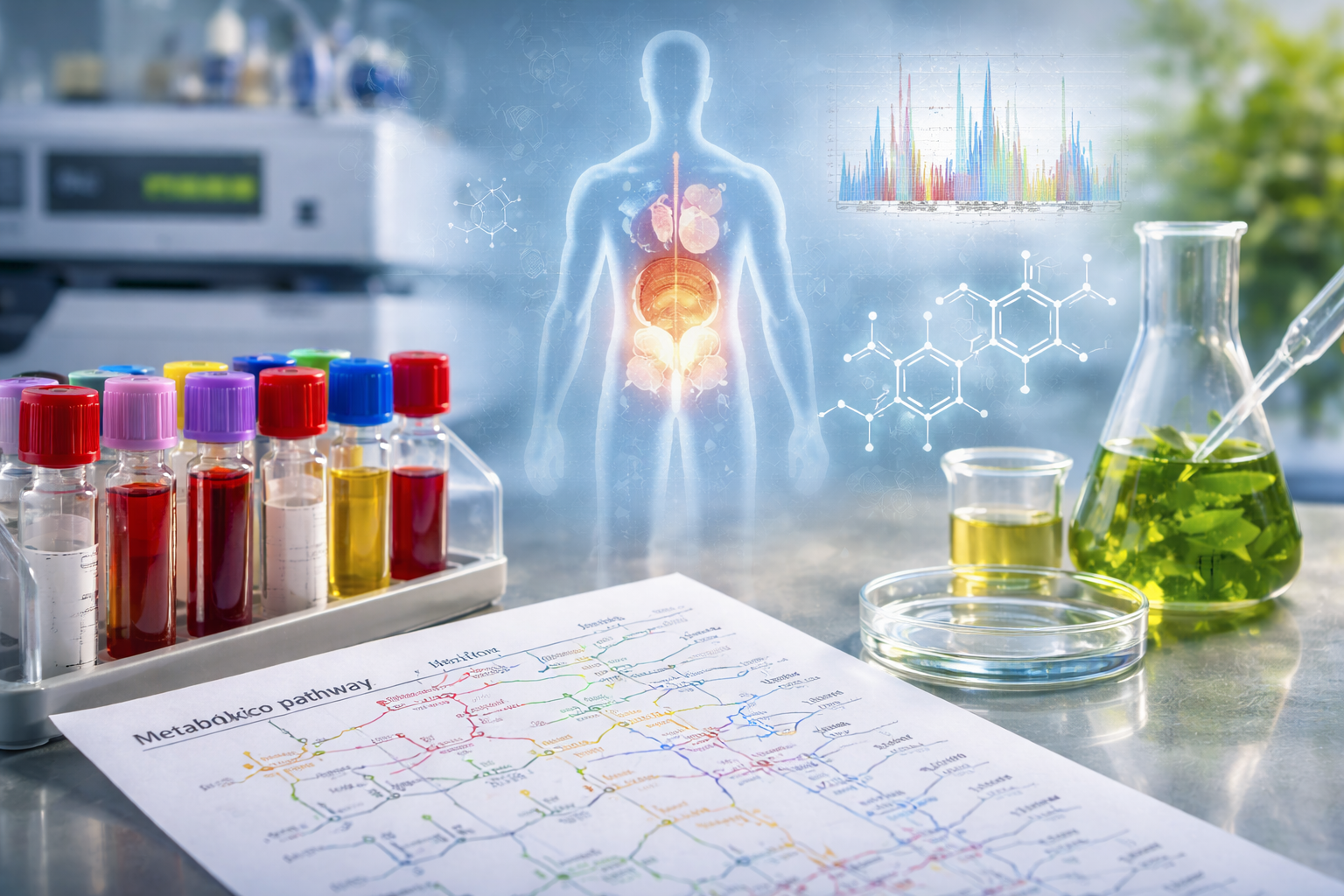 Laboratory workspace showing blood sample vials, metabolic pathway chart, and human health visualization for biomarker research