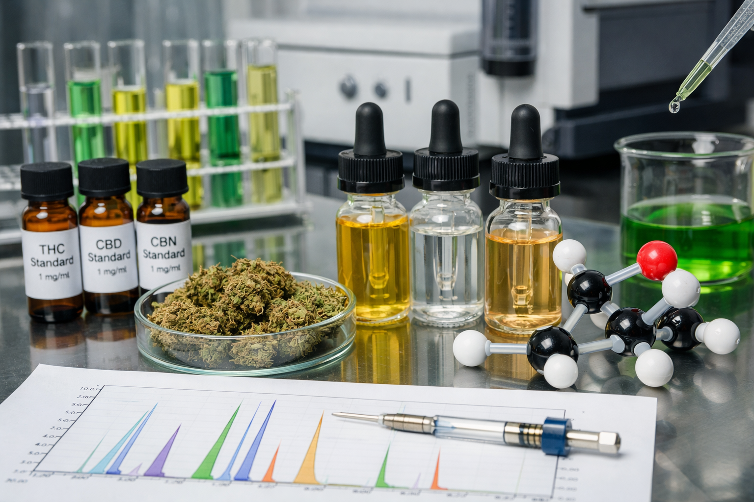 Glass vials, a dropper, cannabis buds, and scientific equipment including a molecular model and a graph display, are arranged on a table with cannabis plants in the background.