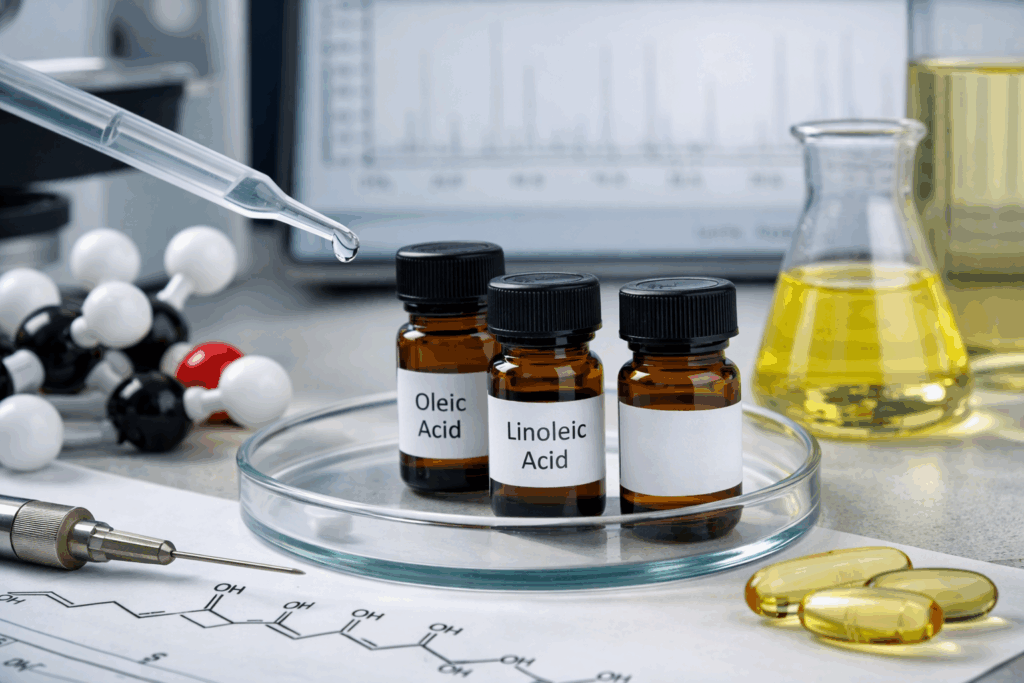 Laboratory setup displaying unsaturated fatty acid samples, molecular models, and analytical testing equipment