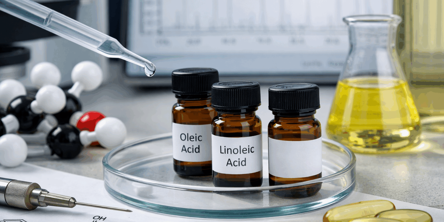 Laboratory setup displaying unsaturated fatty acid samples, molecular models, and analytical testing equipment