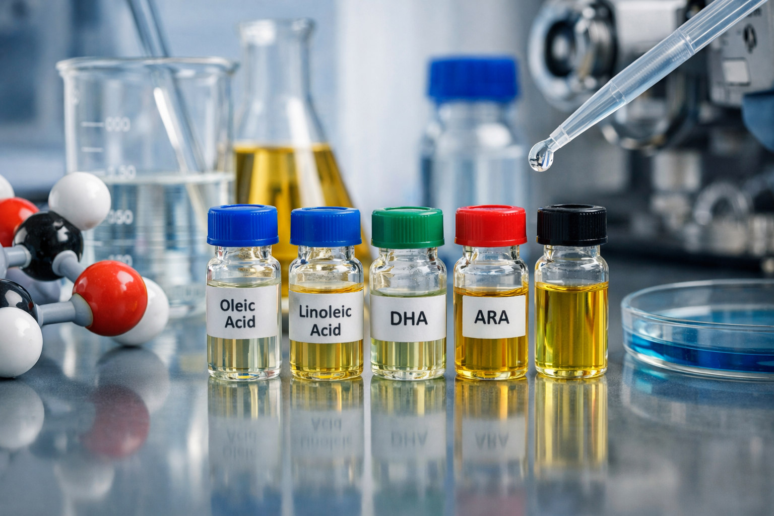 Laboratory vials containing unsaturated fatty acid samples for analytical research and testing
