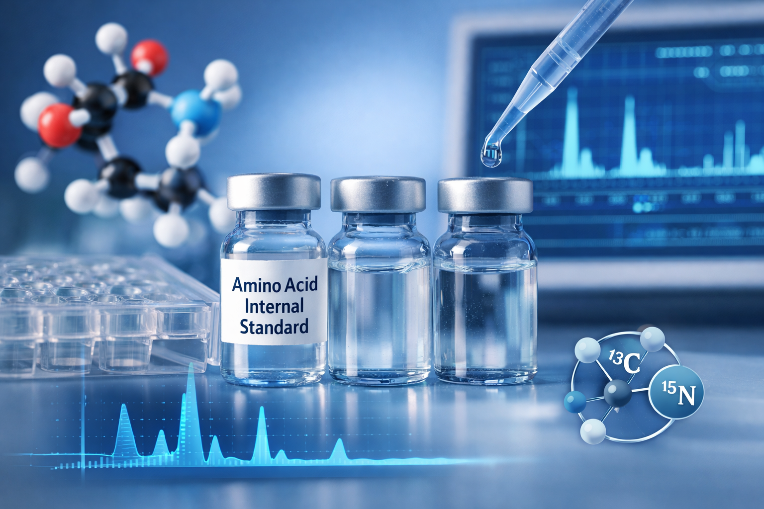Modern laboratory setup showing mass spectrometry equipment and amino acid molecular structures used in quantitative analysis.