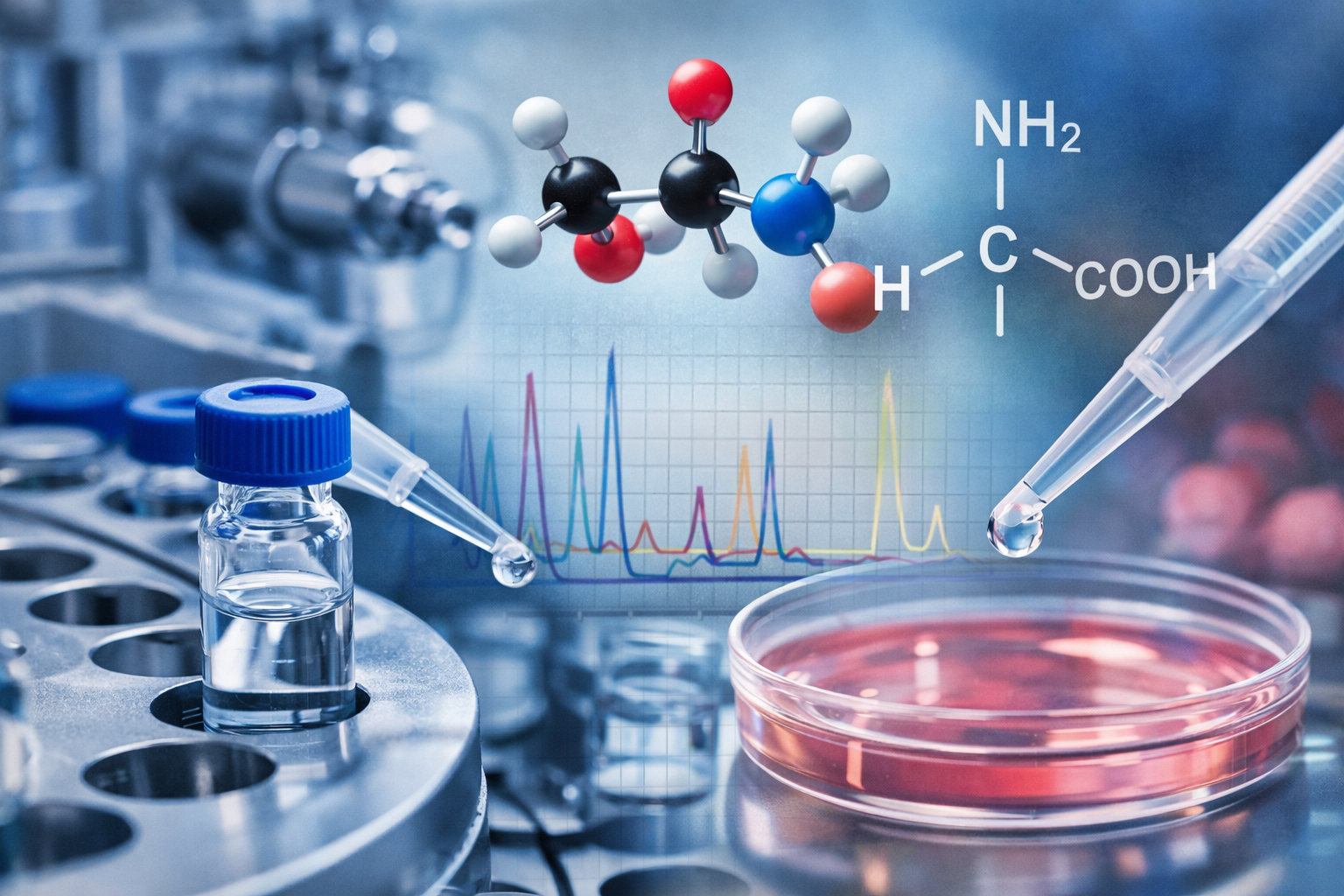 Laboratory analysis showing amino acid molecules, pipette sampling, and chromatography data for quantitative testing
