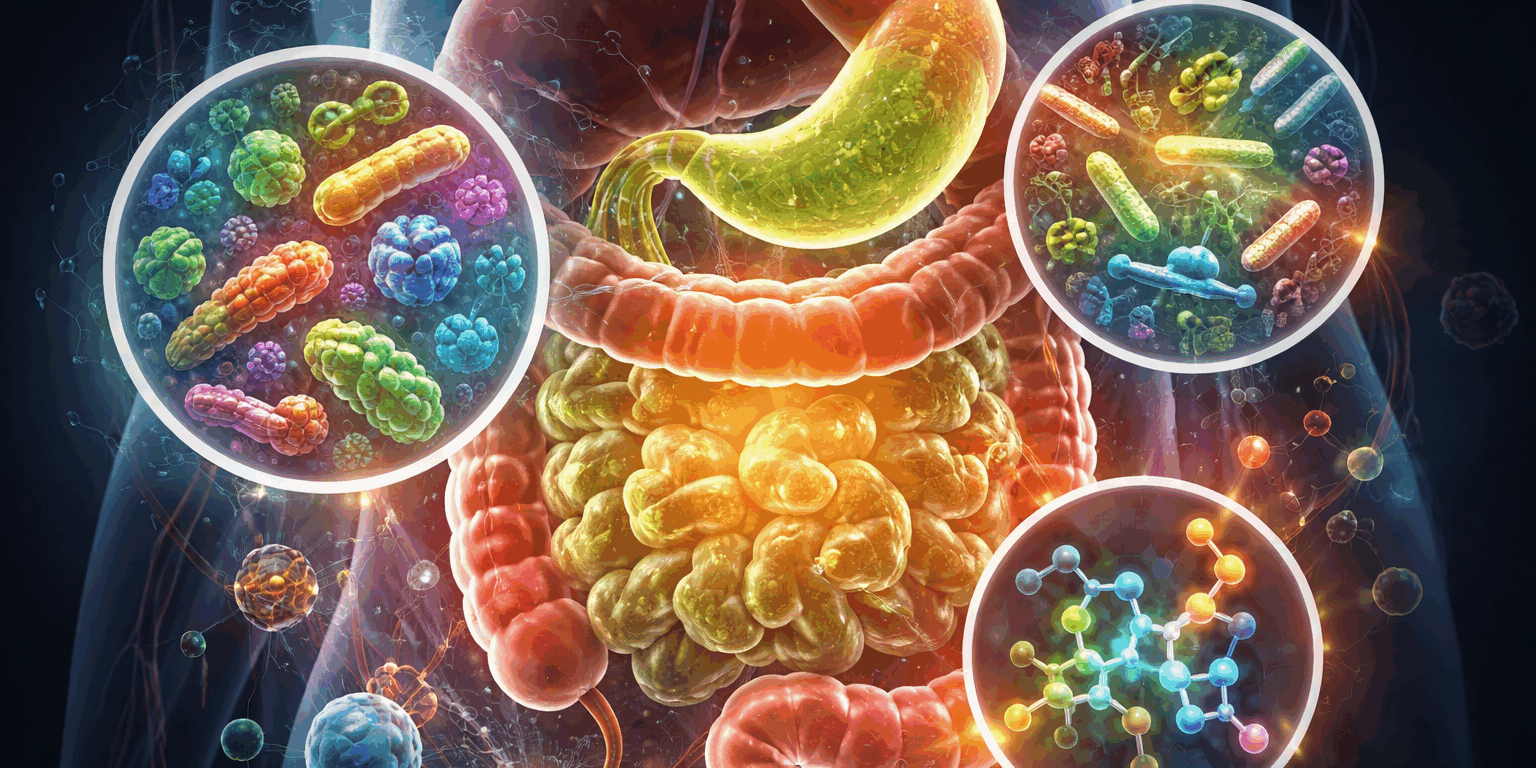 Scientific illustration showing gut microbiome interaction with bile acids, metabolic pathways, and digestive system visualization