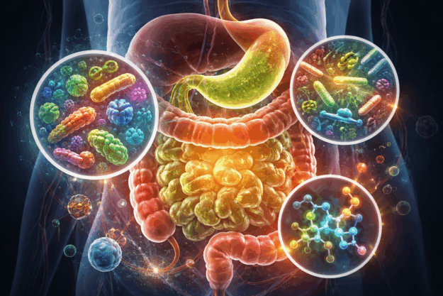 Scientific illustration showing gut microbiome interaction with bile acids, metabolic pathways, and digestive system visualization
