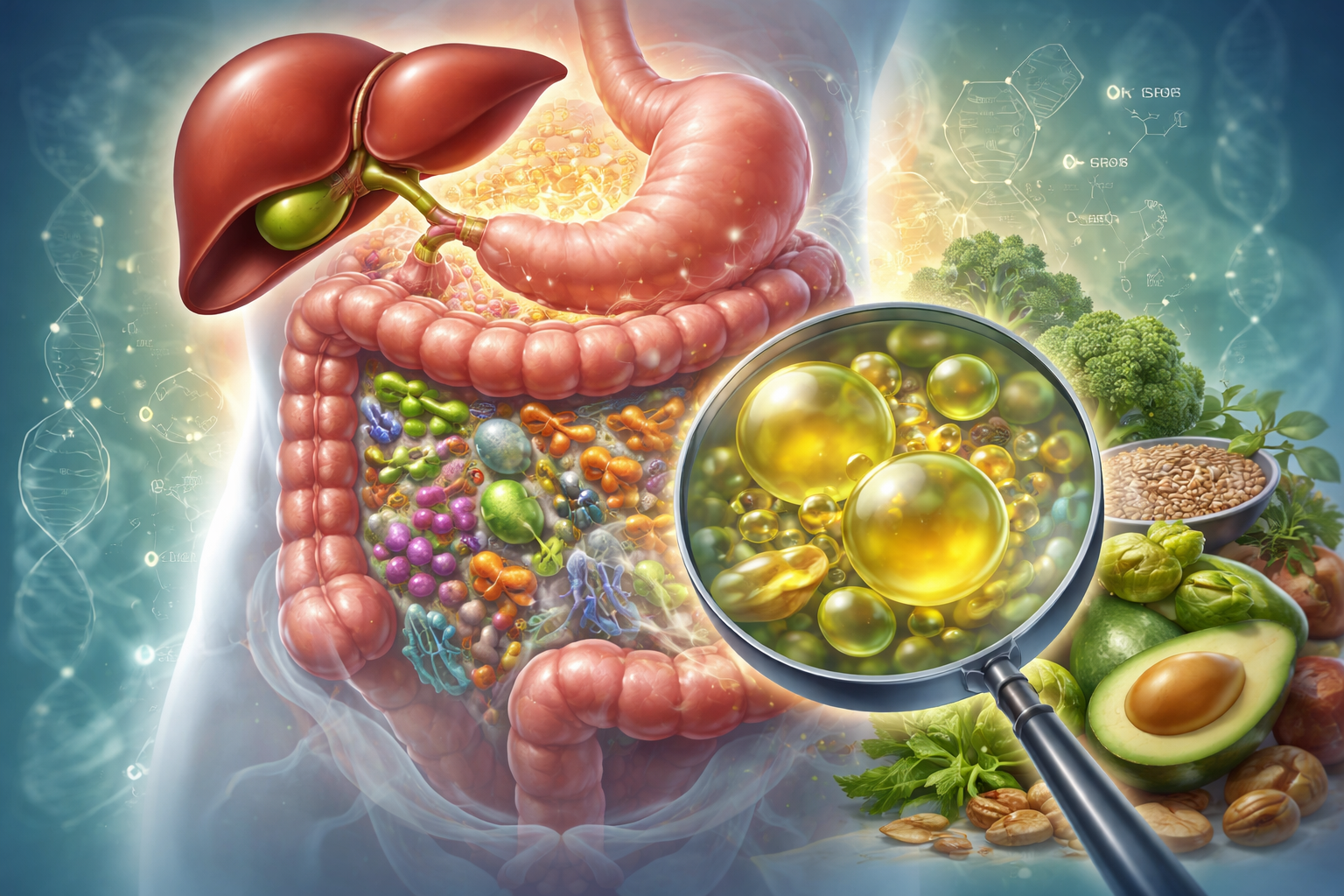 Detailed illustration showing the human digestive system with gut bacteria, bile acids under magnification, liver and healthy foods supporting metabolism