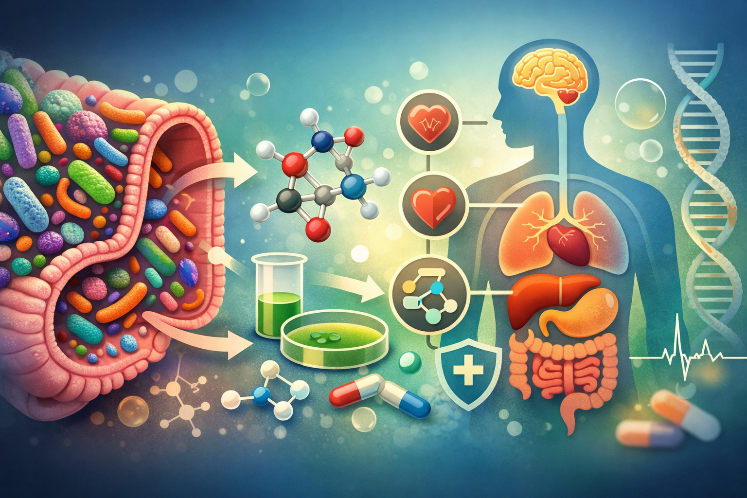 Human Gut Bacteria and Metabolic Pathways Illustration