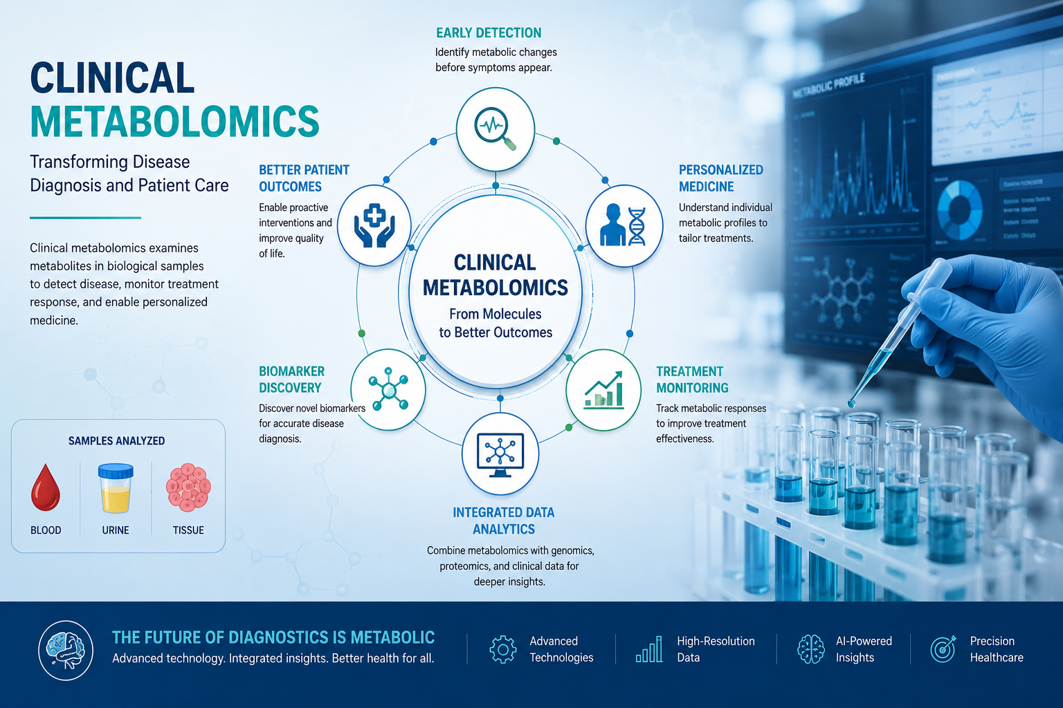 Clinical metabolomics infographic for disease diagnosis and patient care.